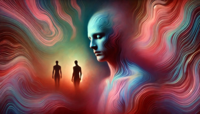 Surreal psychedelic artwork of human figure symbolising shame and guilt in vibrant colours
