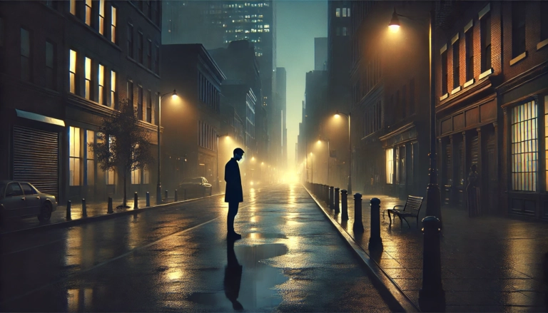 Lone figure standing on empty city street at night