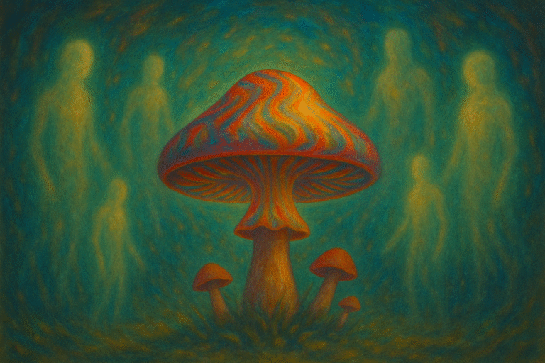 Psychedelic art of glowing mushroom surrounded by ethereal spirit figures