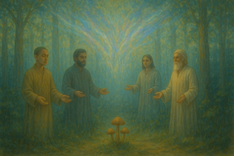 Mystical painting of spiritual figures in forest gathered around sacred mushrooms