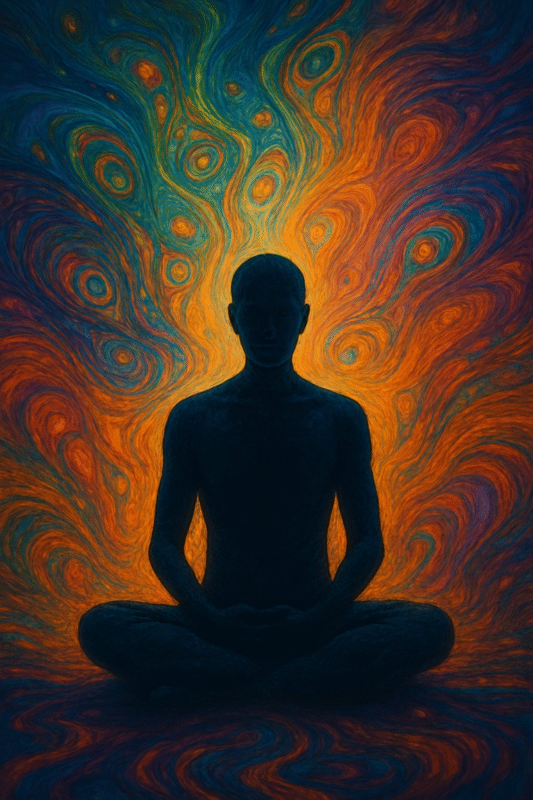 Silhouette meditating in lotus pose with vibrant swirling energy aura background symbolising mindfulness and inner peace