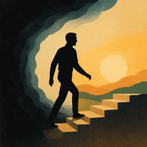 Silhouette of a person walking up steps