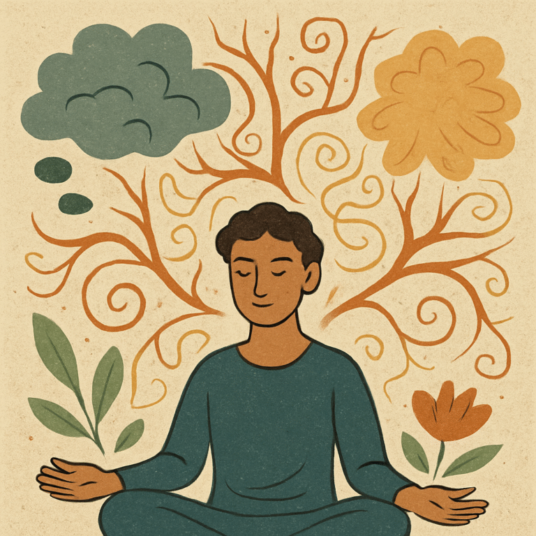 Illustration of a person meditating with thoughts and nature elements surrounding them.